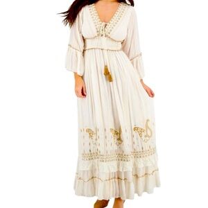 Elegant White and Gold Maxi Dress